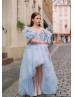 Feather Sleeves Light Blue High Low Flower Girl Dress
